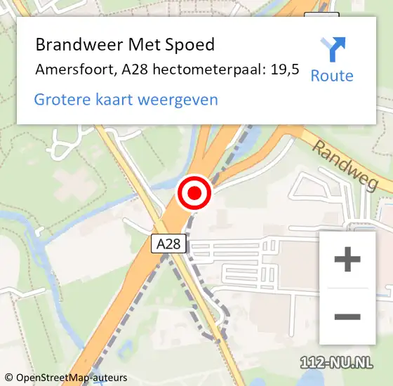 Locatie op kaart van de 112 melding: Brandweer Met Spoed Naar Amersfoort, A28 hectometerpaal: 19,5 op 29 februari 2024 12:01