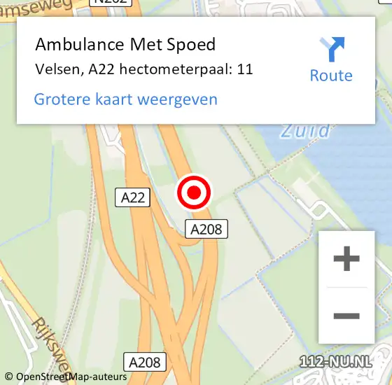 Locatie op kaart van de 112 melding: Ambulance Met Spoed Naar Velsen, A22 hectometerpaal: 11 op 29 februari 2024 12:19