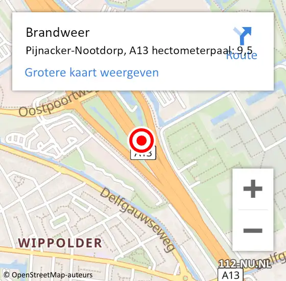 Locatie op kaart van de 112 melding: Brandweer Pijnacker-Nootdorp, A13 hectometerpaal: 9,5 op 29 februari 2024 14:20