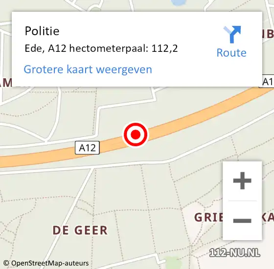 Locatie op kaart van de 112 melding: Politie Ede, A12 hectometerpaal: 112,2 op 29 februari 2024 16:56