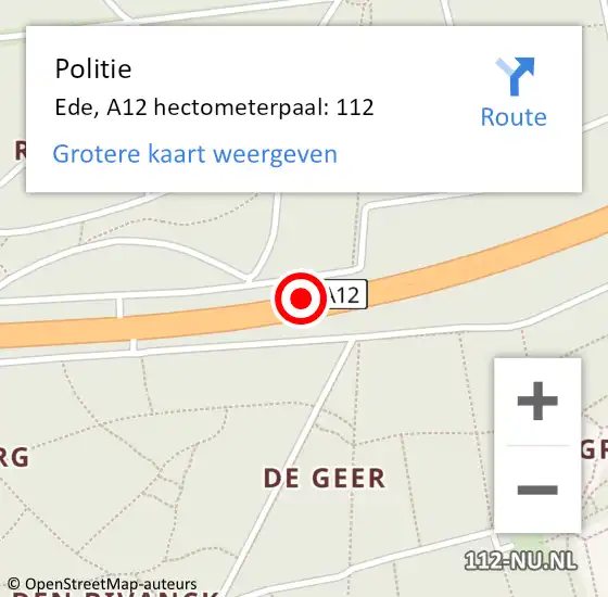 Locatie op kaart van de 112 melding: Politie Ede, A12 hectometerpaal: 112 op 29 februari 2024 16:56