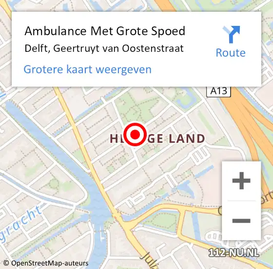 Locatie op kaart van de 112 melding: Ambulance Met Grote Spoed Naar Delft, Geertruyt van Oostenstraat op 29 februari 2024 17:31