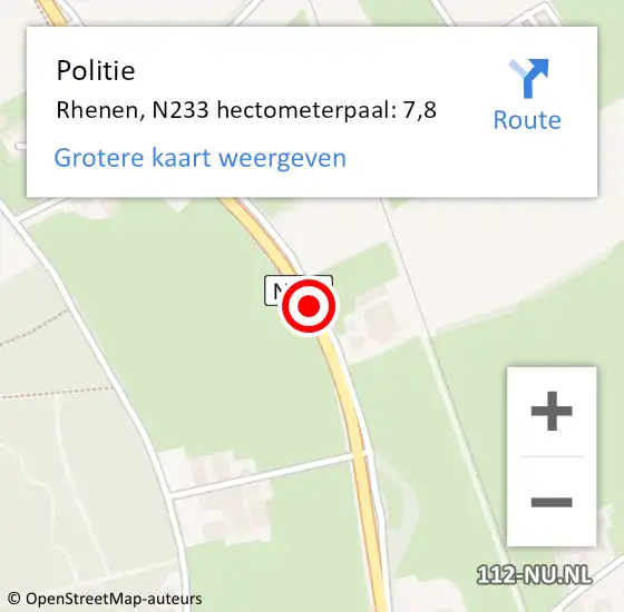 Locatie op kaart van de 112 melding: Politie Rhenen, N233 hectometerpaal: 7,8 op 29 februari 2024 18:18