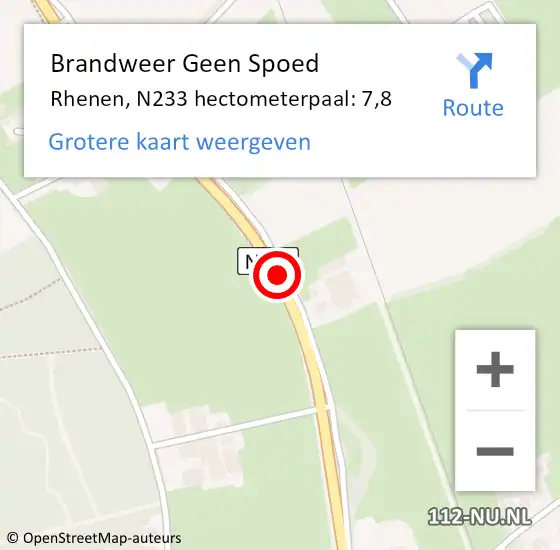 Locatie op kaart van de 112 melding: Brandweer Geen Spoed Naar Rhenen, N233 hectometerpaal: 7,8 op 29 februari 2024 18:29
