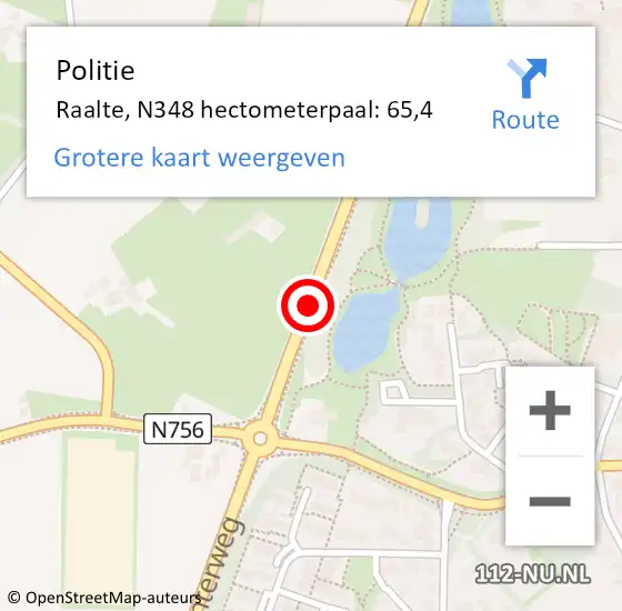 Locatie op kaart van de 112 melding: Politie Raalte, N348 hectometerpaal: 65,4 op 29 februari 2024 20:12