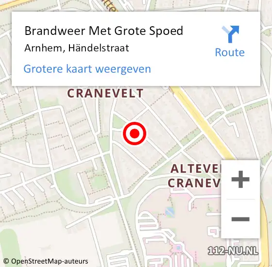 Locatie op kaart van de 112 melding: Brandweer Met Grote Spoed Naar Arnhem, Händelstraat op 29 februari 2024 21:48