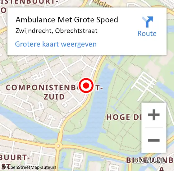 Locatie op kaart van de 112 melding: Ambulance Met Grote Spoed Naar Zwijndrecht, Obrechtstraat op 1 maart 2024 09:07