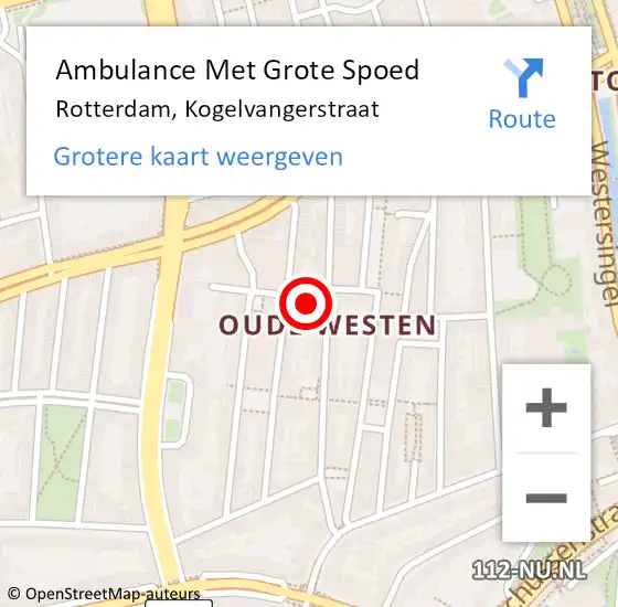 Locatie op kaart van de 112 melding: Ambulance Met Grote Spoed Naar Rotterdam, Kogelvangerstraat op 1 maart 2024 09:07