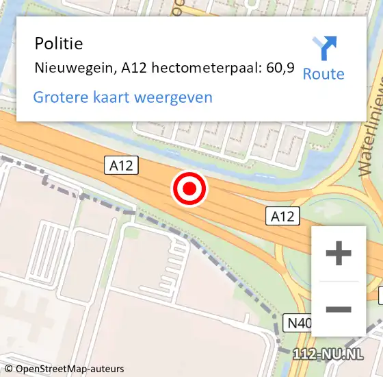 Locatie op kaart van de 112 melding: Politie Nieuwegein, A12 hectometerpaal: 60,9 op 1 maart 2024 09:22