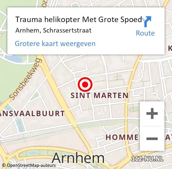 Locatie op kaart van de 112 melding: Trauma helikopter Met Grote Spoed Naar Arnhem, Schrassertstraat op 1 maart 2024 09:25