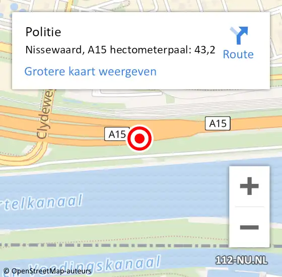 Locatie op kaart van de 112 melding: Politie Nissewaard, A15 hectometerpaal: 43,2 op 1 maart 2024 10:19