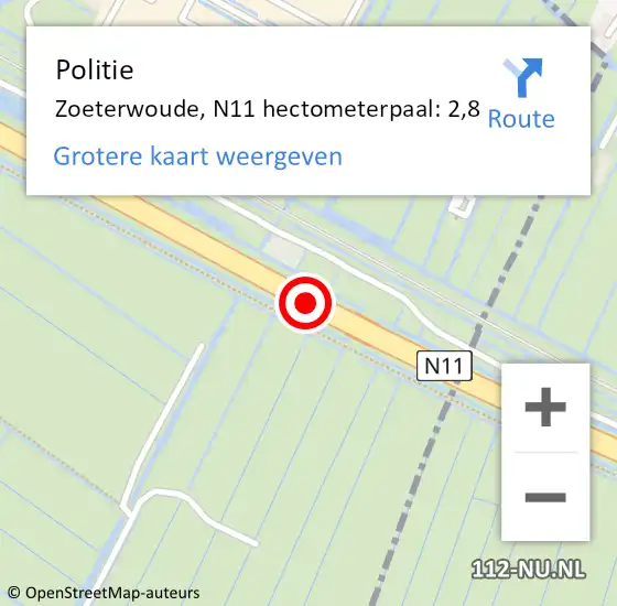 Locatie op kaart van de 112 melding: Politie Zoeterwoude, N11 hectometerpaal: 2,8 op 1 maart 2024 10:57