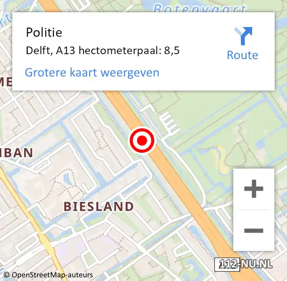 Locatie op kaart van de 112 melding: Politie Delft, A13 hectometerpaal: 8,5 op 1 maart 2024 11:19