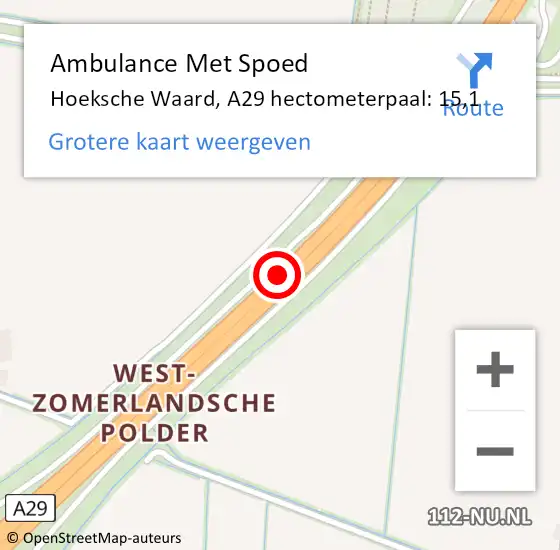 Locatie op kaart van de 112 melding: Ambulance Met Spoed Naar Hoeksche Waard, A29 hectometerpaal: 15,1 op 1 maart 2024 11:26