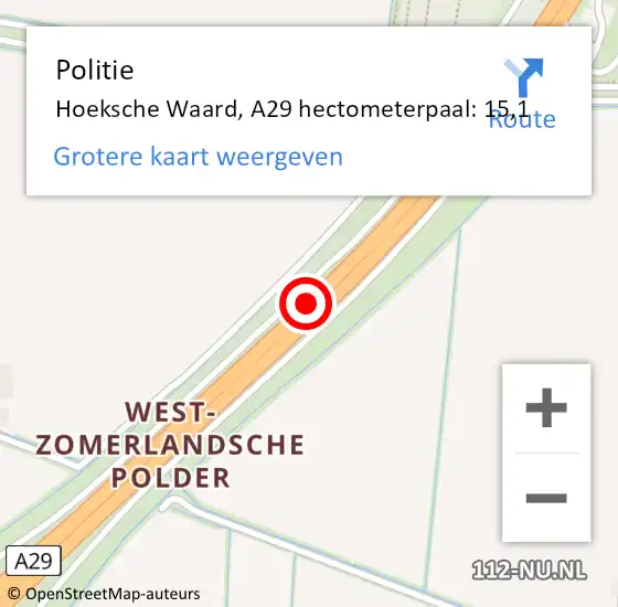 Locatie op kaart van de 112 melding: Politie Hoeksche Waard, A29 hectometerpaal: 15,1 op 1 maart 2024 11:30