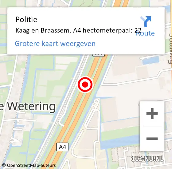 Locatie op kaart van de 112 melding: Politie Kaag en Braassem, A4 hectometerpaal: 22 op 1 maart 2024 11:33