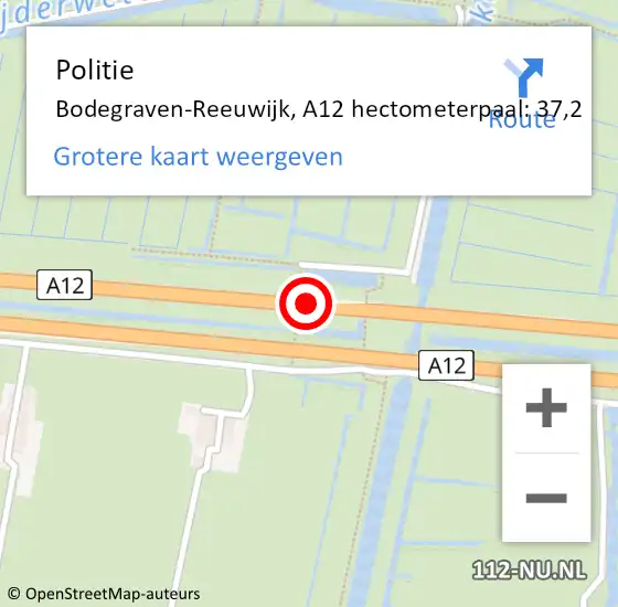 Locatie op kaart van de 112 melding: Politie Bodegraven-Reeuwijk, A12 hectometerpaal: 37,2 op 1 maart 2024 11:56