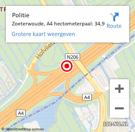 Locatie op kaart van de 112 melding: Politie Zoeterwoude, A4 hectometerpaal: 34,9 op 1 maart 2024 12:11