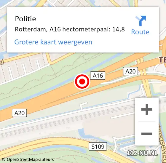 Locatie op kaart van de 112 melding: Politie Rotterdam, A16 hectometerpaal: 14,8 op 1 maart 2024 13:56