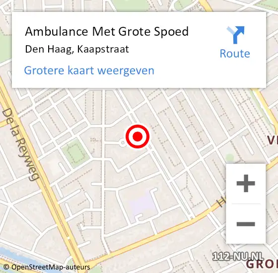 Locatie op kaart van de 112 melding: Ambulance Met Grote Spoed Naar Den Haag, Kaapstraat op 1 maart 2024 14:06