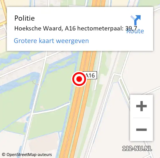 Locatie op kaart van de 112 melding: Politie Hoeksche Waard, A16 hectometerpaal: 39,7 op 1 maart 2024 14:21