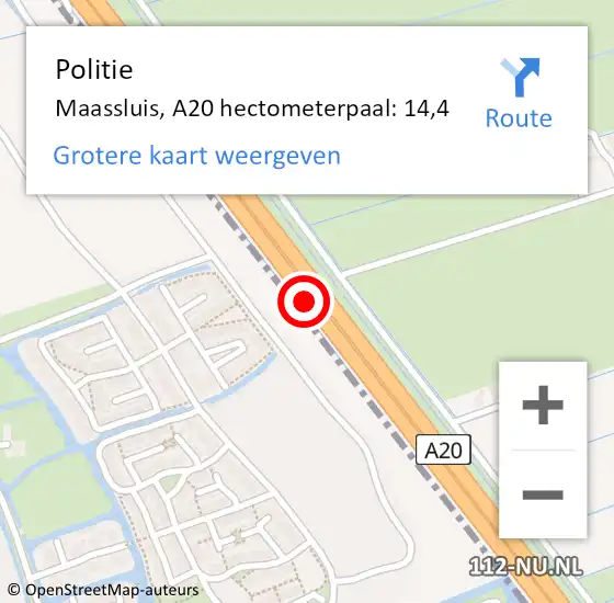 Locatie op kaart van de 112 melding: Politie Maassluis, A20 hectometerpaal: 14,4 op 1 maart 2024 15:57