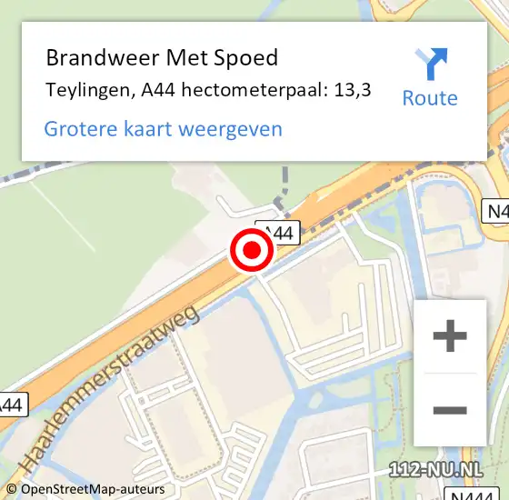 Locatie op kaart van de 112 melding: Brandweer Met Spoed Naar Teylingen, A44 hectometerpaal: 13,3 op 1 maart 2024 16:14