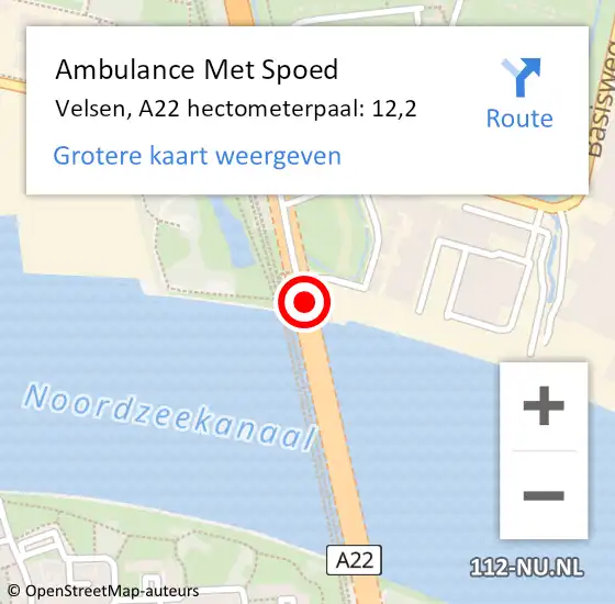 Locatie op kaart van de 112 melding: Ambulance Met Spoed Naar Velsen, A22 hectometerpaal: 12,2 op 1 maart 2024 16:53