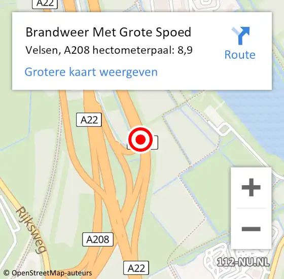 Locatie op kaart van de 112 melding: Brandweer Met Grote Spoed Naar Velsen, A208 hectometerpaal: 8,9 op 1 maart 2024 17:15