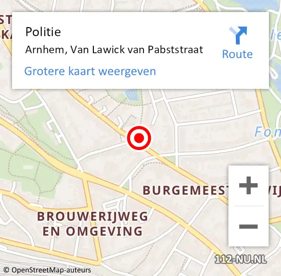 Locatie op kaart van de 112 melding: Politie Arnhem, Van Lawick van Pabststraat op 1 maart 2024 21:24