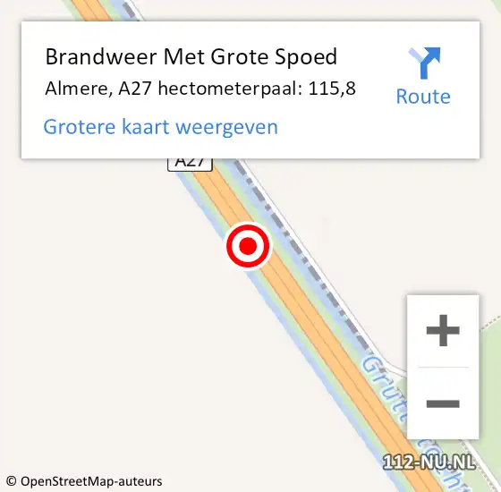 Locatie op kaart van de 112 melding: Brandweer Met Grote Spoed Naar Almere, A27 hectometerpaal: 115,8 op 1 maart 2024 21:24