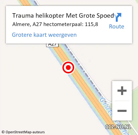 Locatie op kaart van de 112 melding: Trauma helikopter Met Grote Spoed Naar Almere, A27 hectometerpaal: 115,8 op 1 maart 2024 21:25