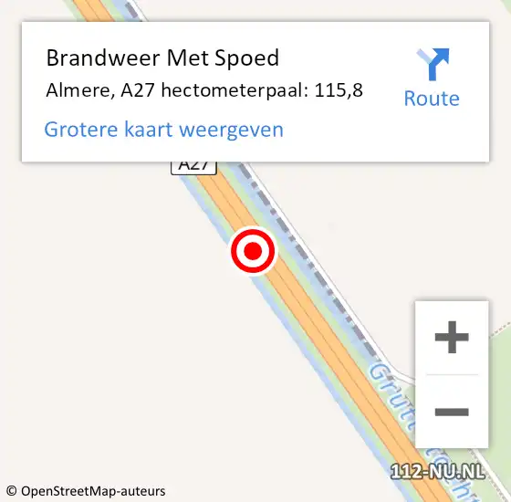 Locatie op kaart van de 112 melding: Brandweer Met Spoed Naar Almere, A27 hectometerpaal: 115,8 op 1 maart 2024 22:07