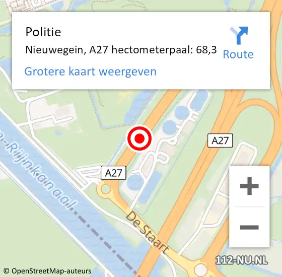 Locatie op kaart van de 112 melding: Politie Nieuwegein, A27 hectometerpaal: 68,3 op 1 maart 2024 22:12