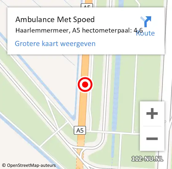 Locatie op kaart van de 112 melding: Ambulance Met Spoed Naar Haarlemmermeer, A5 hectometerpaal: 4,6 op 2 maart 2024 05:05