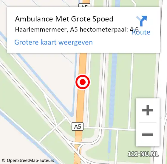 Locatie op kaart van de 112 melding: Ambulance Met Grote Spoed Naar Haarlemmermeer, A5 hectometerpaal: 4,6 op 2 maart 2024 05:18