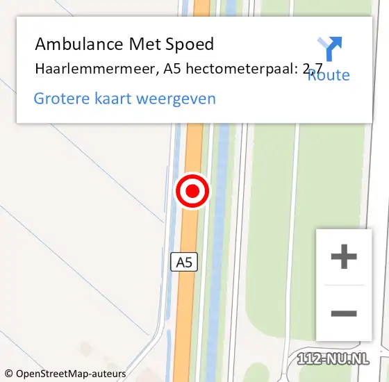 Locatie op kaart van de 112 melding: Ambulance Met Spoed Naar Haarlemmermeer, A5 hectometerpaal: 2,7 op 2 maart 2024 10:25