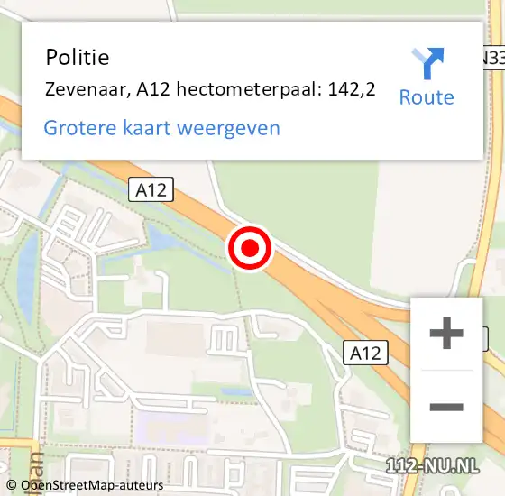 Locatie op kaart van de 112 melding: Politie Zevenaar, A12 hectometerpaal: 142,2 op 2 maart 2024 12:38
