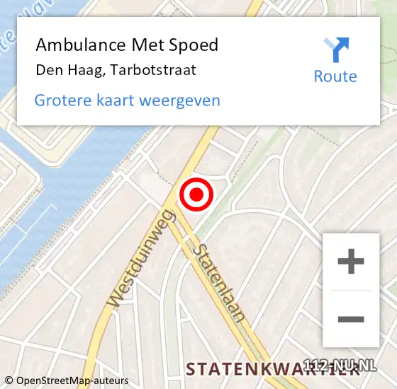 Locatie op kaart van de 112 melding: Ambulance Met Spoed Naar Den Haag, Tarbotstraat op 2 maart 2024 12:50