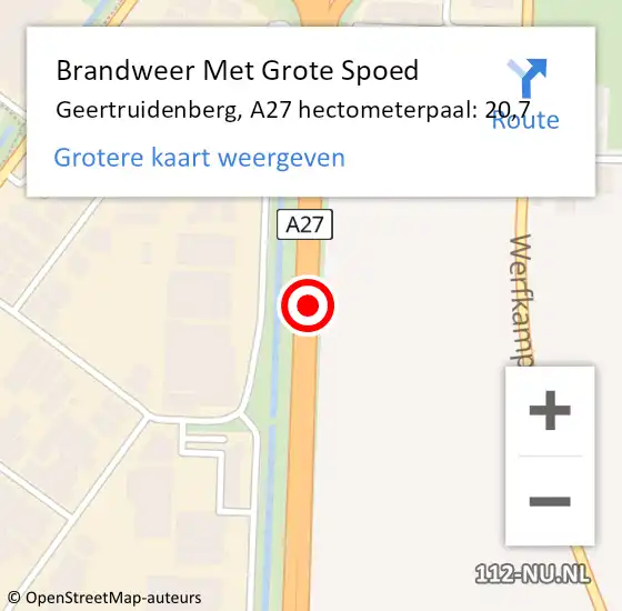Locatie op kaart van de 112 melding: Brandweer Met Grote Spoed Naar Geertruidenberg, A27 hectometerpaal: 20,7 op 2 maart 2024 13:47