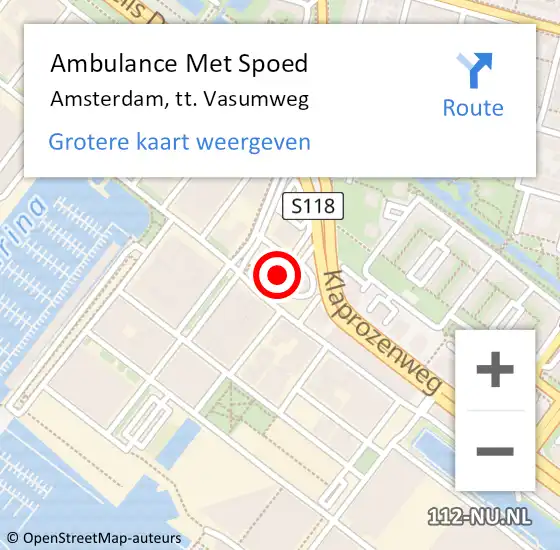 Locatie op kaart van de 112 melding: Ambulance Met Spoed Naar Amsterdam, tt. Vasumweg op 2 maart 2024 15:11