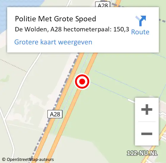 Locatie op kaart van de 112 melding: Politie Met Grote Spoed Naar De Wolden, A28 hectometerpaal: 150,3 op 2 maart 2024 15:51
