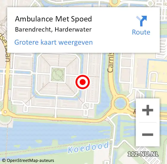 Locatie op kaart van de 112 melding: Ambulance Met Spoed Naar Barendrecht, Harderwater op 2 maart 2024 17:40