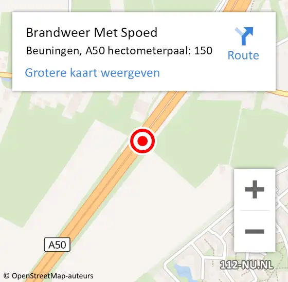 Locatie op kaart van de 112 melding: Brandweer Met Spoed Naar Beuningen, A50 hectometerpaal: 150 op 2 maart 2024 20:56