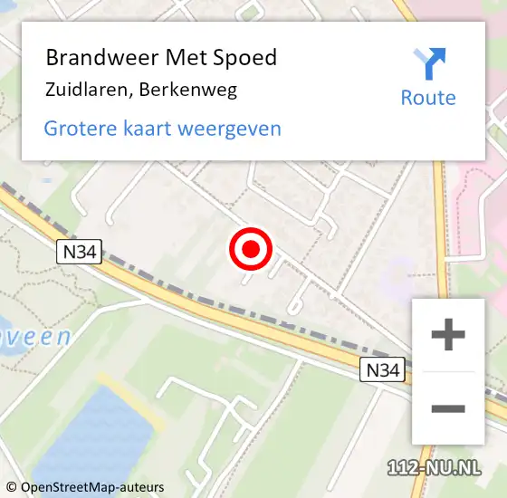 Locatie op kaart van de 112 melding: Brandweer Met Spoed Naar Zuidlaren, Berkenweg op 3 maart 2024 04:22