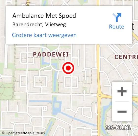 Locatie op kaart van de 112 melding: Ambulance Met Spoed Naar Barendrecht, Vlietweg op 3 maart 2024 15:16