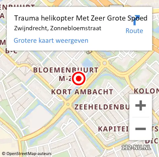 Locatie op kaart van de 112 melding: Trauma helikopter Met Zeer Grote Spoed Naar Zwijndrecht, Zonnebloemstraat op 3 maart 2024 16:14