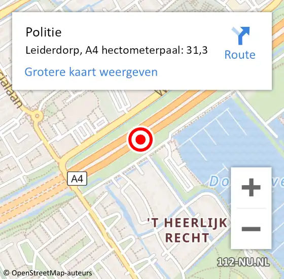 Locatie op kaart van de 112 melding: Politie Leiderdorp, A4 hectometerpaal: 31,3 op 4 maart 2024 02:37
