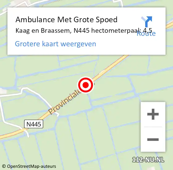 Locatie op kaart van de 112 melding: Ambulance Met Grote Spoed Naar Kaag en Braassem, N445 hectometerpaal: 4,5 op 4 maart 2024 05:01