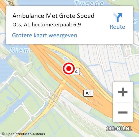 Locatie op kaart van de 112 melding: Ambulance Met Grote Spoed Naar Oss, A1 hectometerpaal: 6,9 op 4 maart 2024 06:45